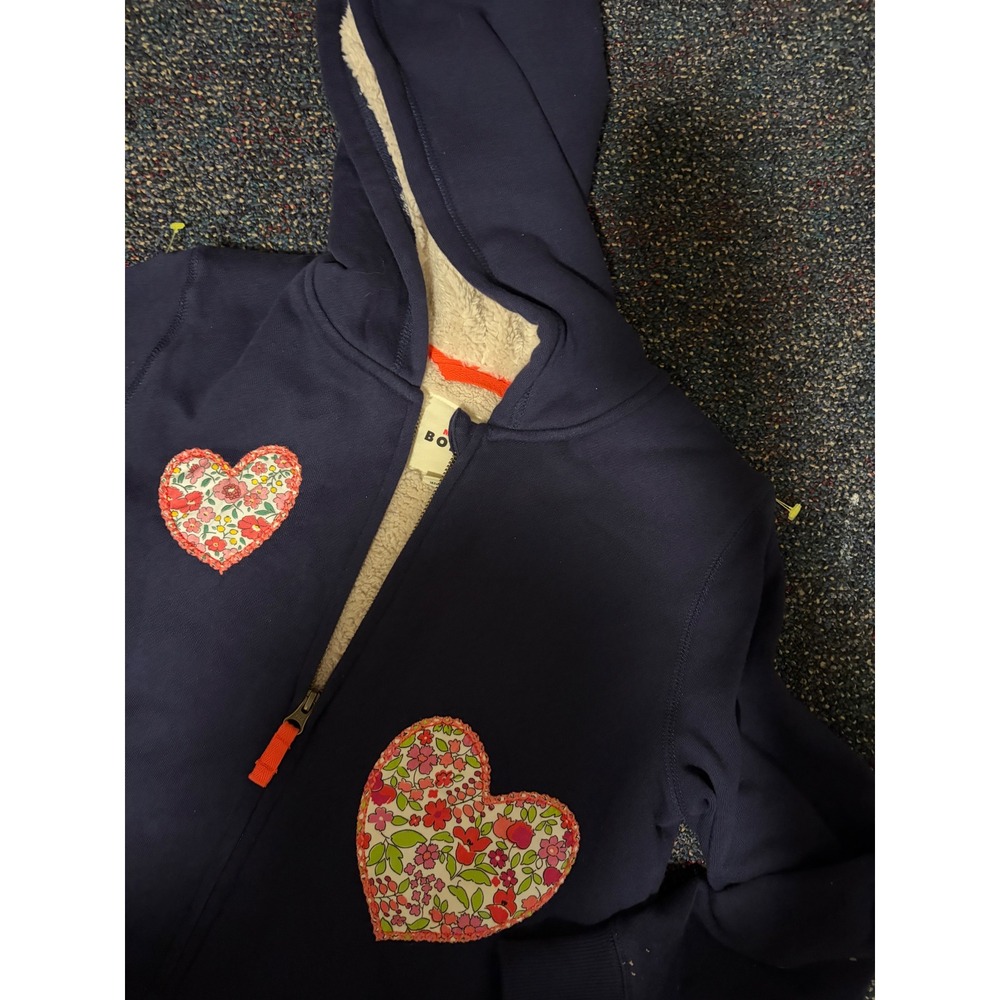 Mini Boden Girls Navy Blue Borg Lined Heart Patch Zip Up Hoodie Size 11-12Y